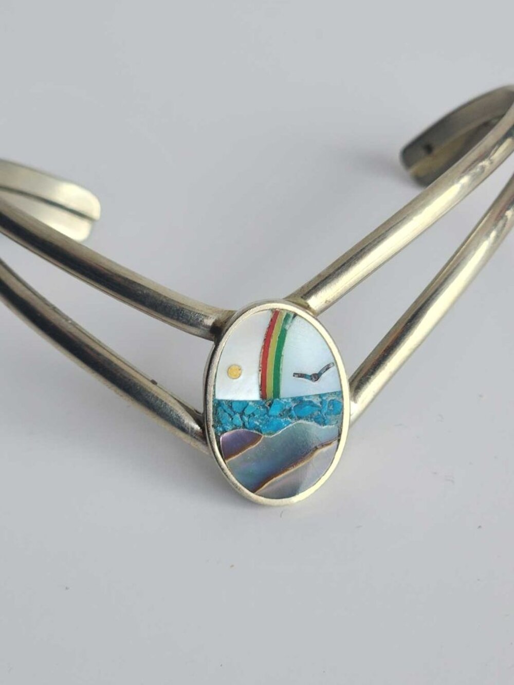 Vintage mosaic landscape inlay silver bracelet from Mexico - Picture 5 of 13